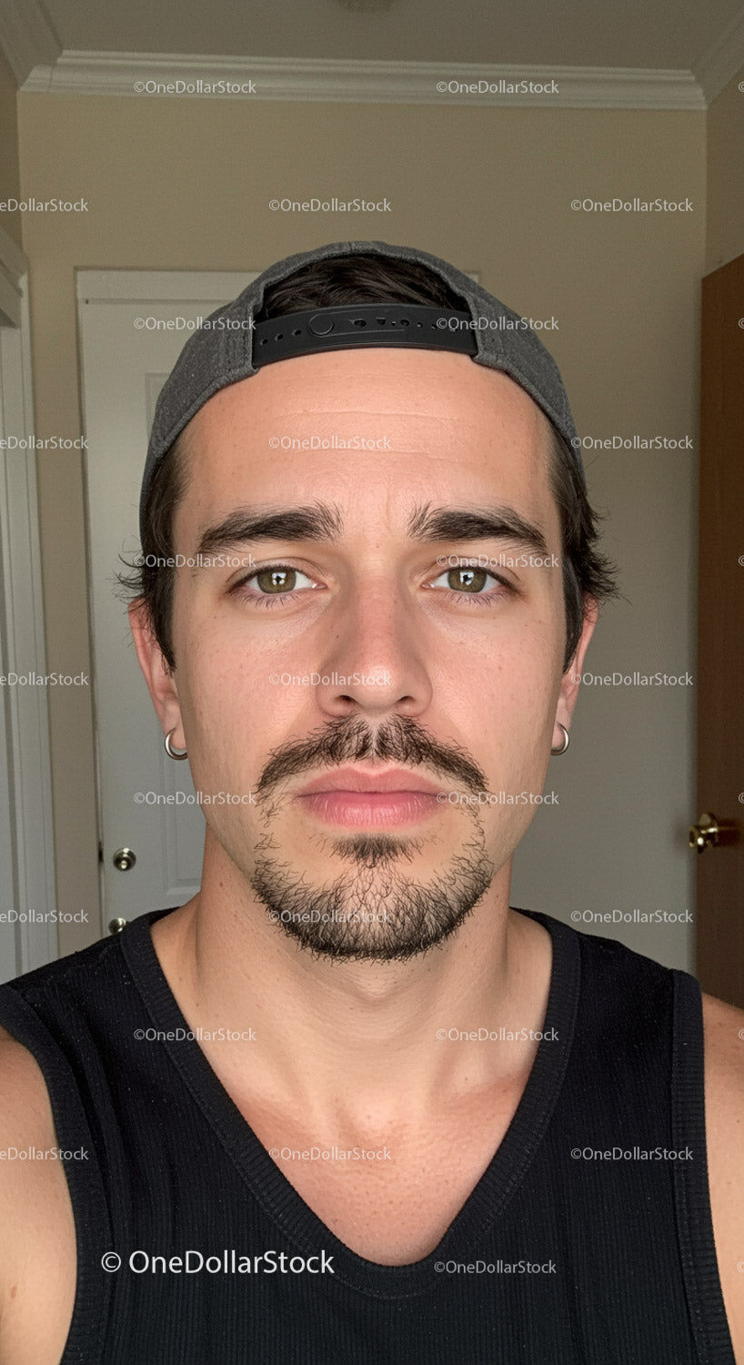 Young man with facial hair wearing a cap indoors