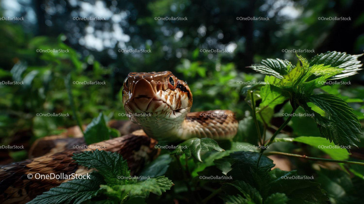 Close-up of a Brown Snake Among Dense Green Leaves in Jungle