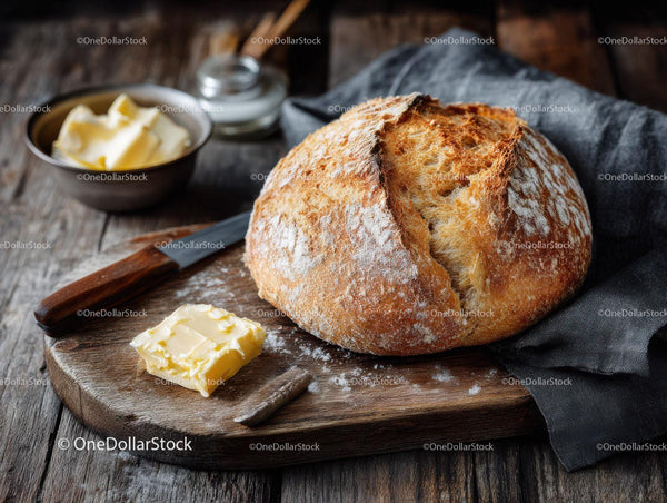 Fresh Artisan Bread with Butter on Rustic Wooden Cutting Board