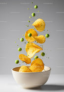 Crispy Potato Chips and Green Peas Flying Out of Bowl
