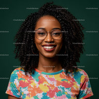 Vibrant Smiling Woman with Curly Hair Wearing Glasses and Colorful T-Shirt