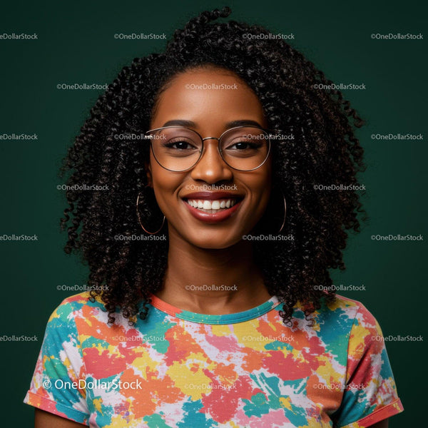 Vibrant Smiling Woman with Curly Hair Wearing Glasses and Colorful T-Shirt