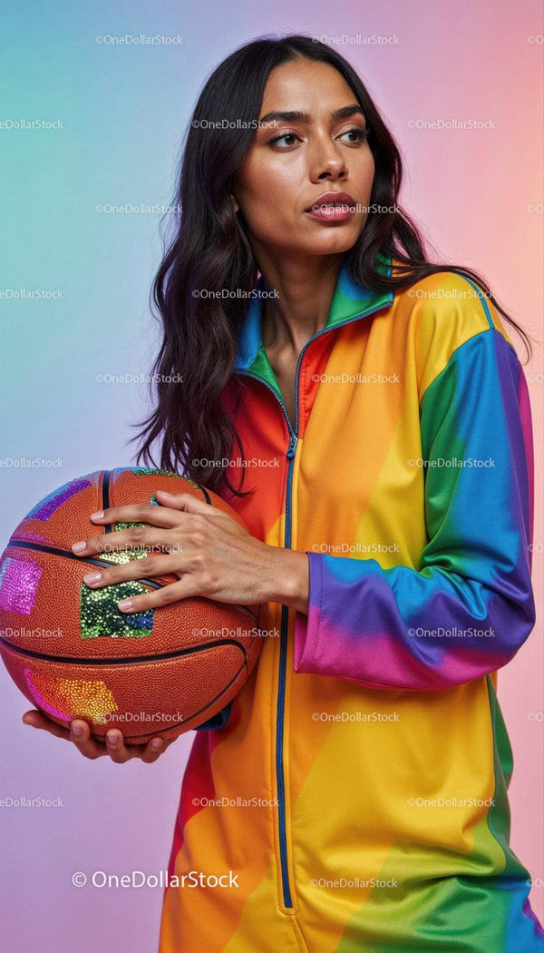 Vibrant Rainbow Jacket with Woman Holding Basketball for Active Lifestyle