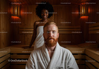 Redheaded Man and Smiling Black Woman in Sauna Spa Room