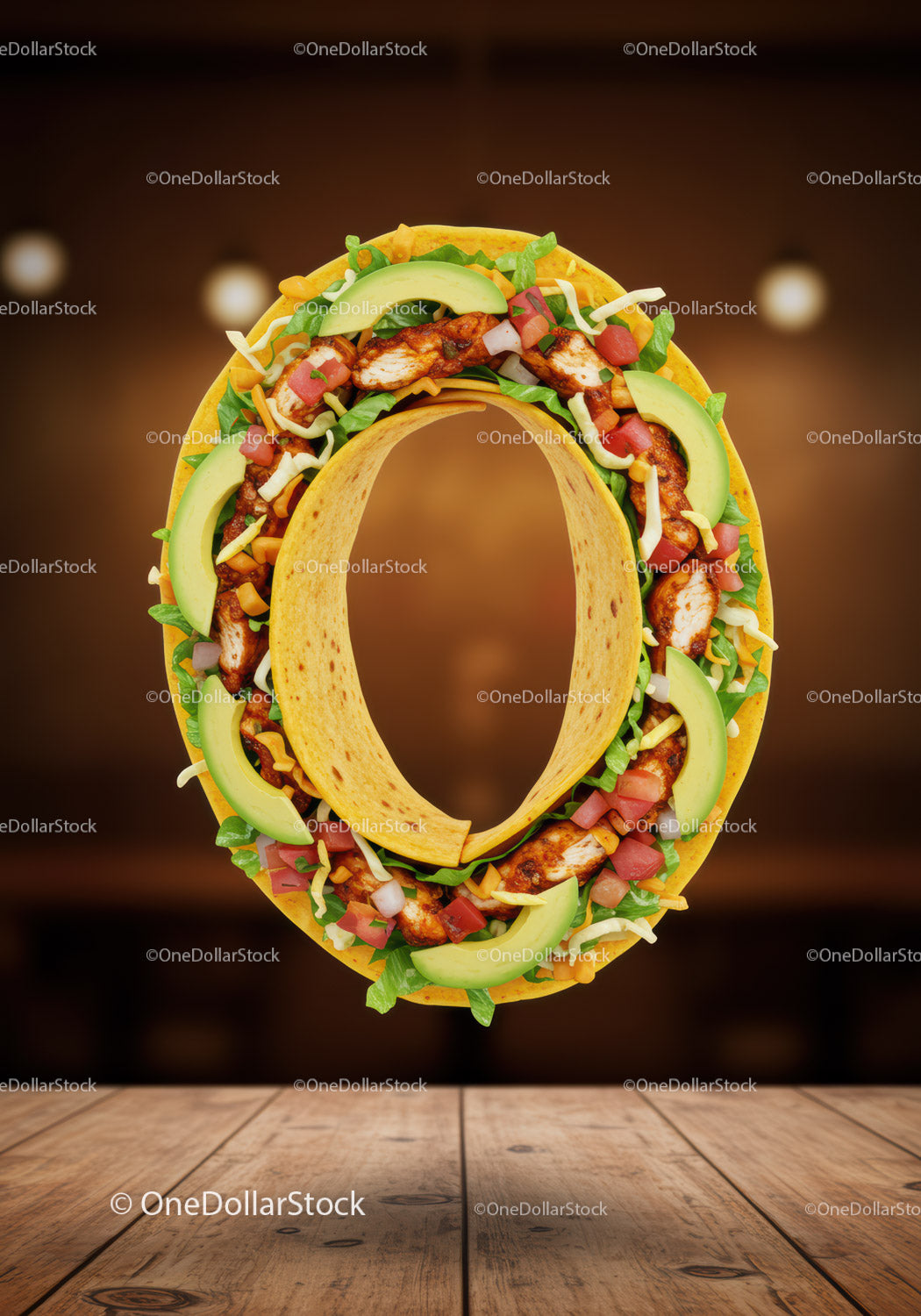 Tasty taco shaped into zero on wooden table