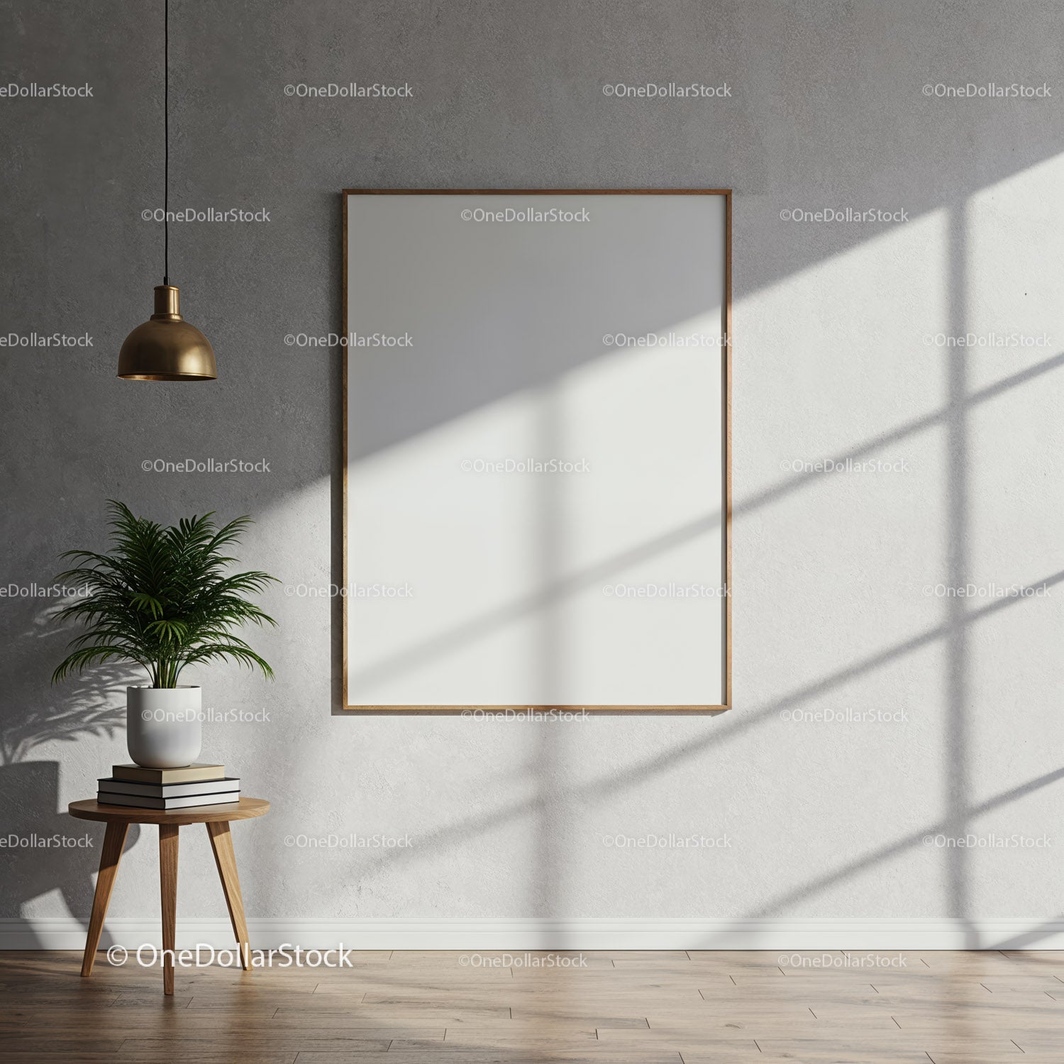 Minimalist interior with blank wooden frame and green plant