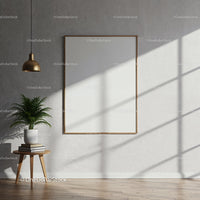 Minimalist interior with blank wooden frame and green plant