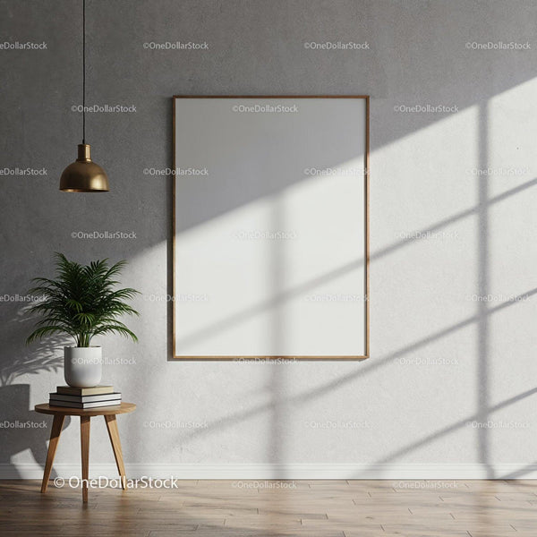 Minimalist interior with blank wooden frame and green plant JPG Mockup Image