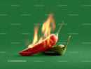 Red and Green Chili Peppers with Flames in Background