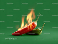 Red and Green Chili Peppers with Flames in Background