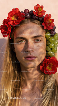 Beautiful Woman Wearing Floral Crown with Red Alstroemeria and Grape Flowers