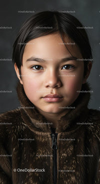 Portrait of a Young Boy in Fur Coat with Intense Expression