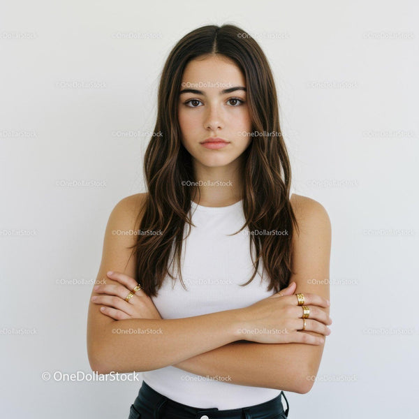 Young Woman with Long Brown Hair in White Top Crossed Arms Portrait