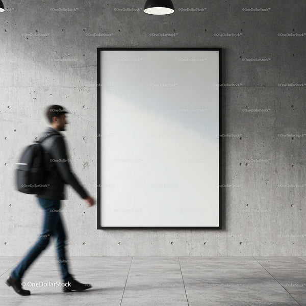 Man Walking Past Large Blank Poster on Concrete Wall JPG Mockup Image