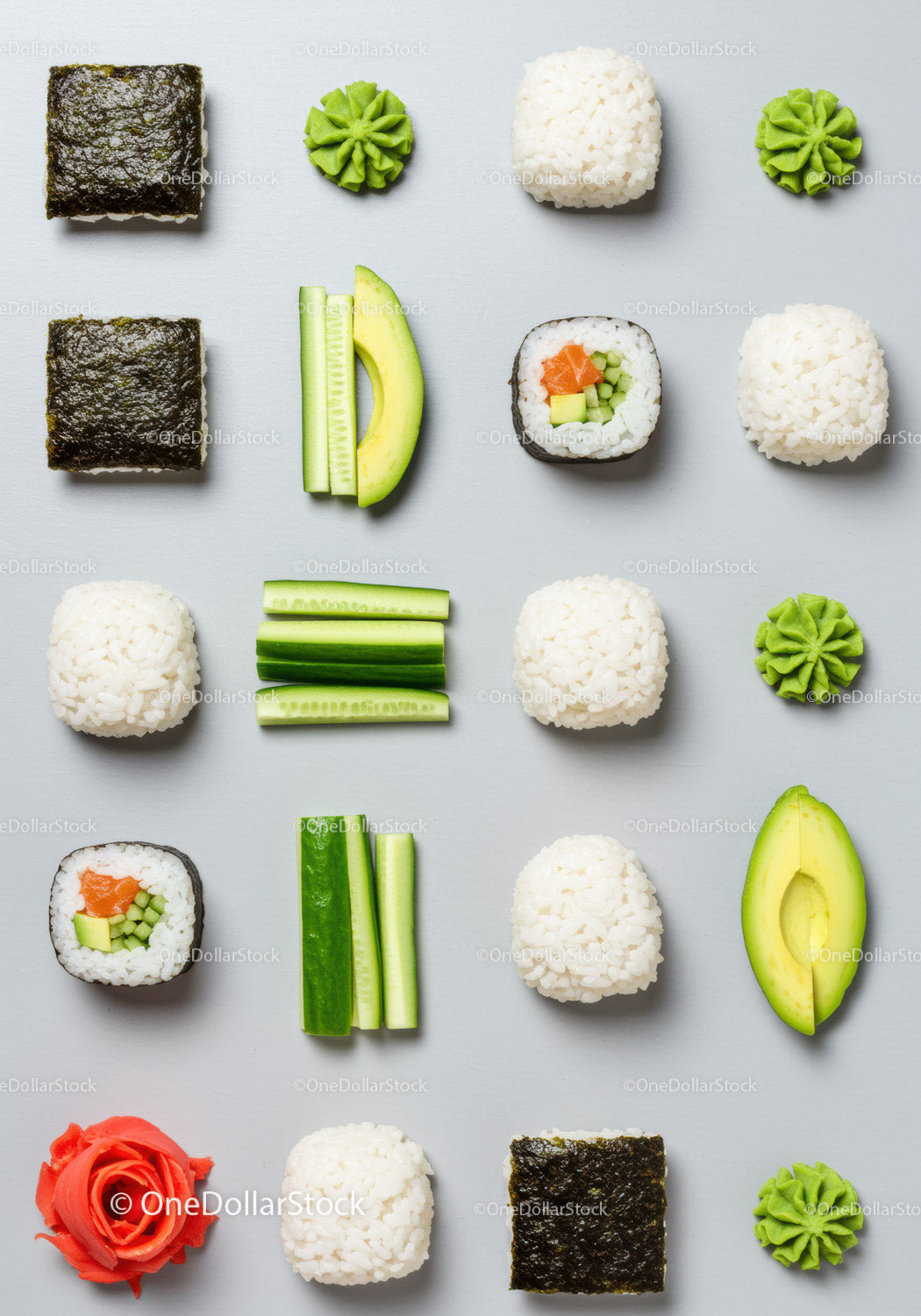 Minimalist arrangement of sushi ingredients and rolls
