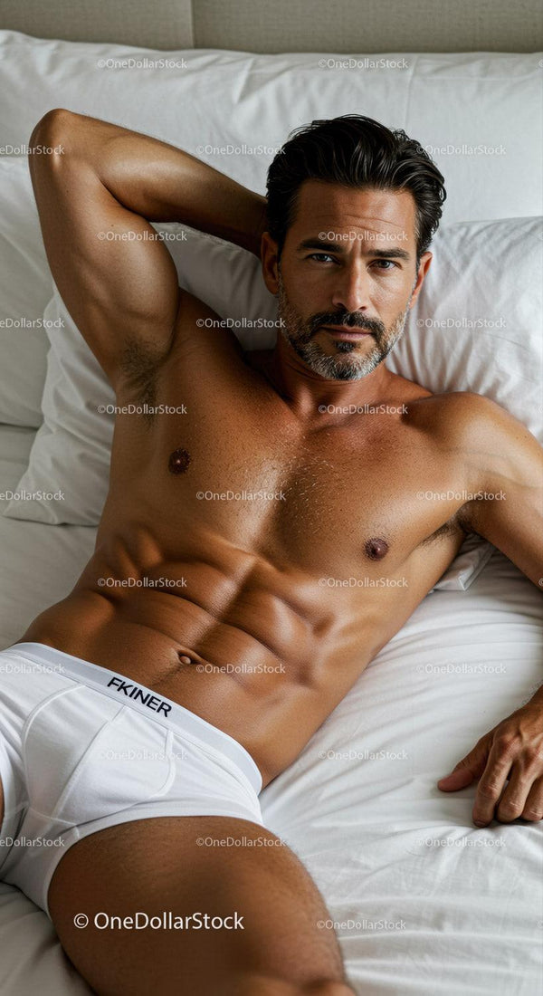 Relaxed mature man lying on bed in white underwear