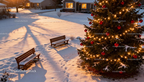 Festive Christmas tree glowing in snowy winter evening