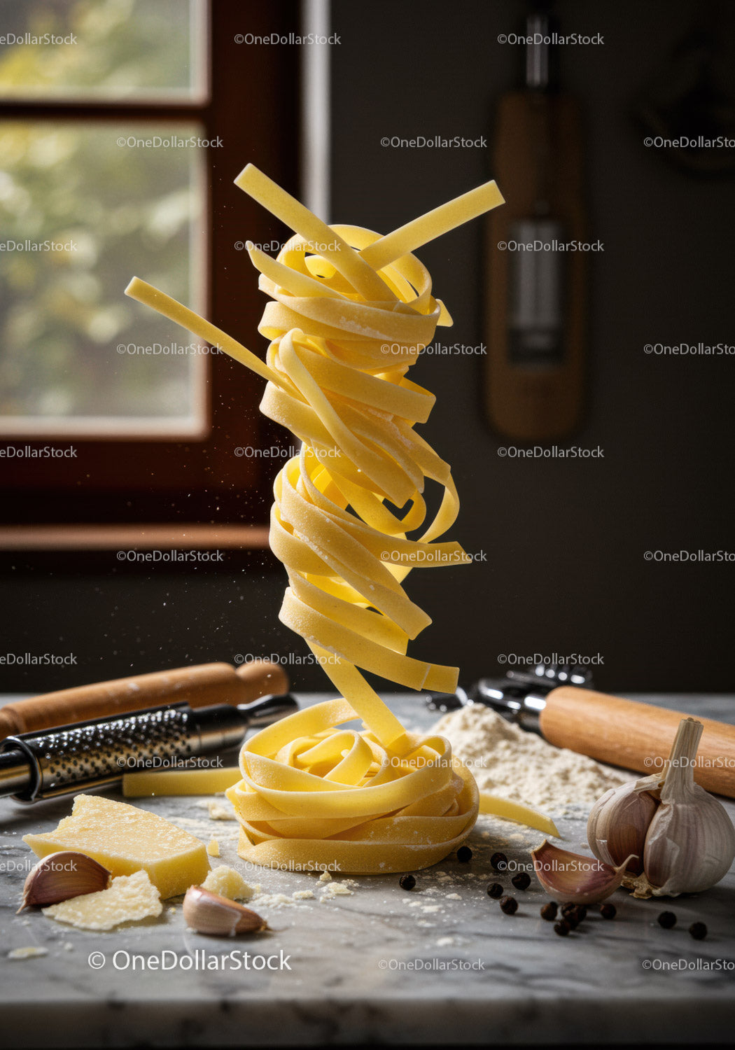Fresh tagliatelle pasta with garlic and cheese on table