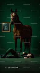 Woman Lying on Floor Beside a Horse in Dramatic Green Room