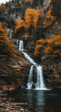 Autumn Waterfall with Vibrant Fall Foliage and Rocky Landscape