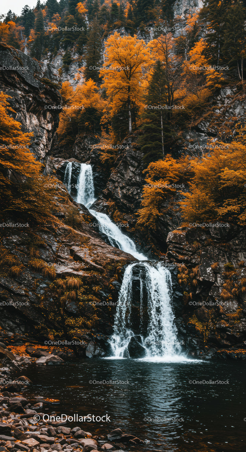 Autumn Waterfall with Vibrant Fall Foliage and Rocky Landscape