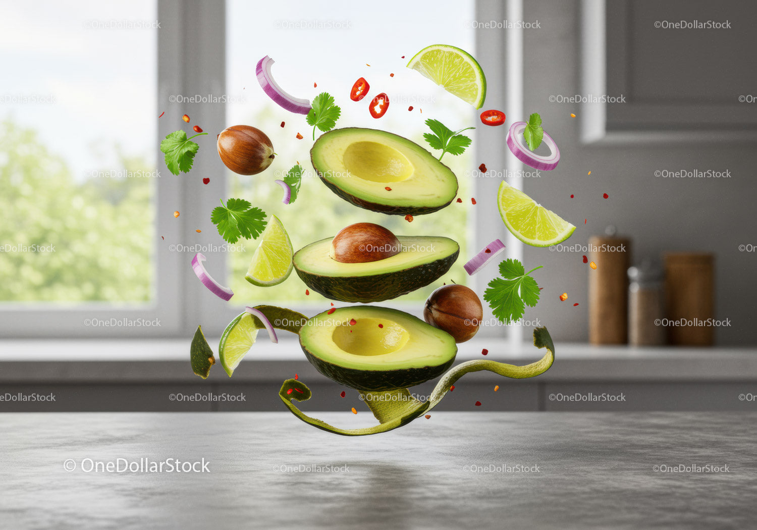 Fresh avocado halves with lime and onion slices floating