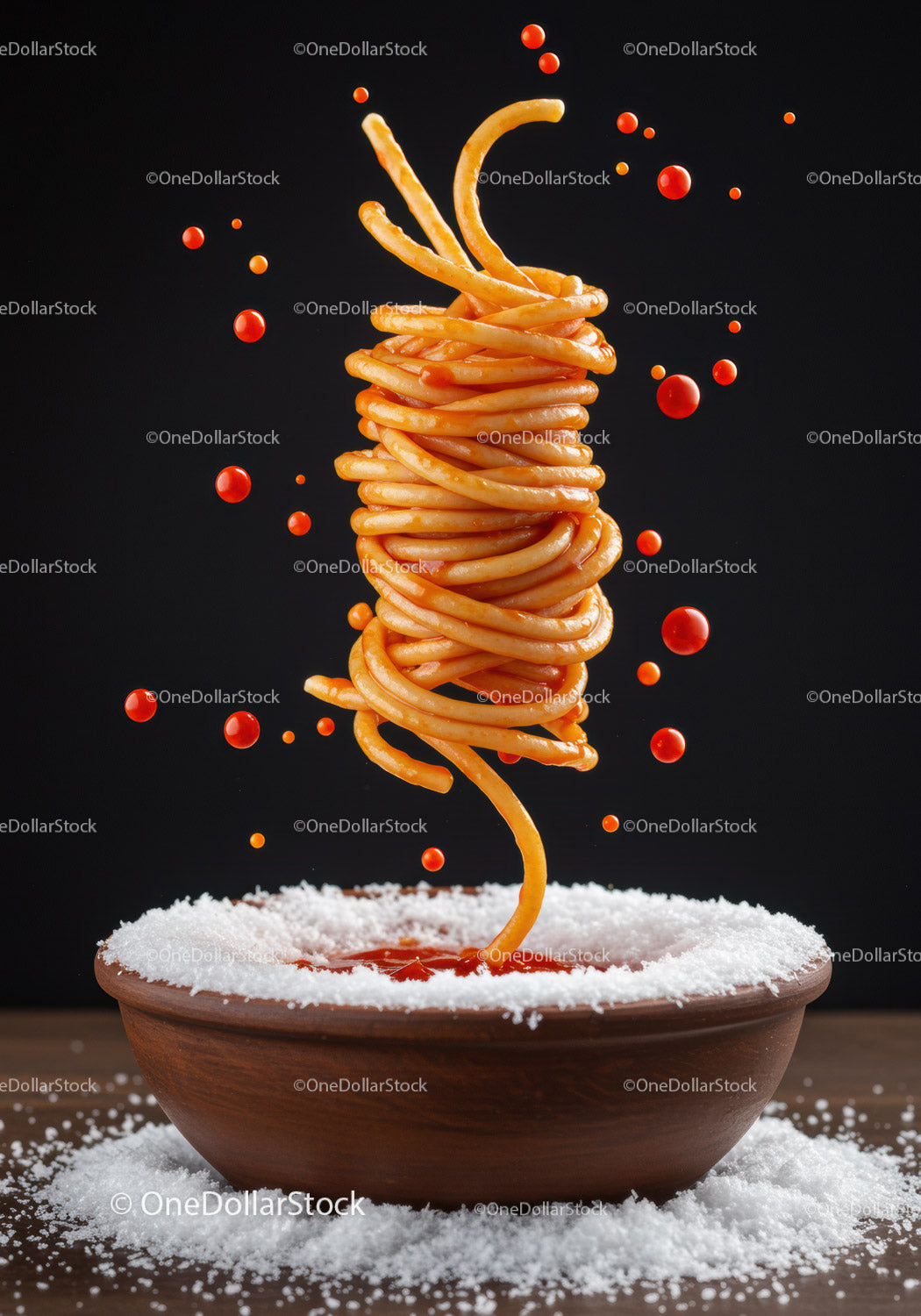 Skręcone spaghetti z sosem pomidorowym w rustykalnej misce