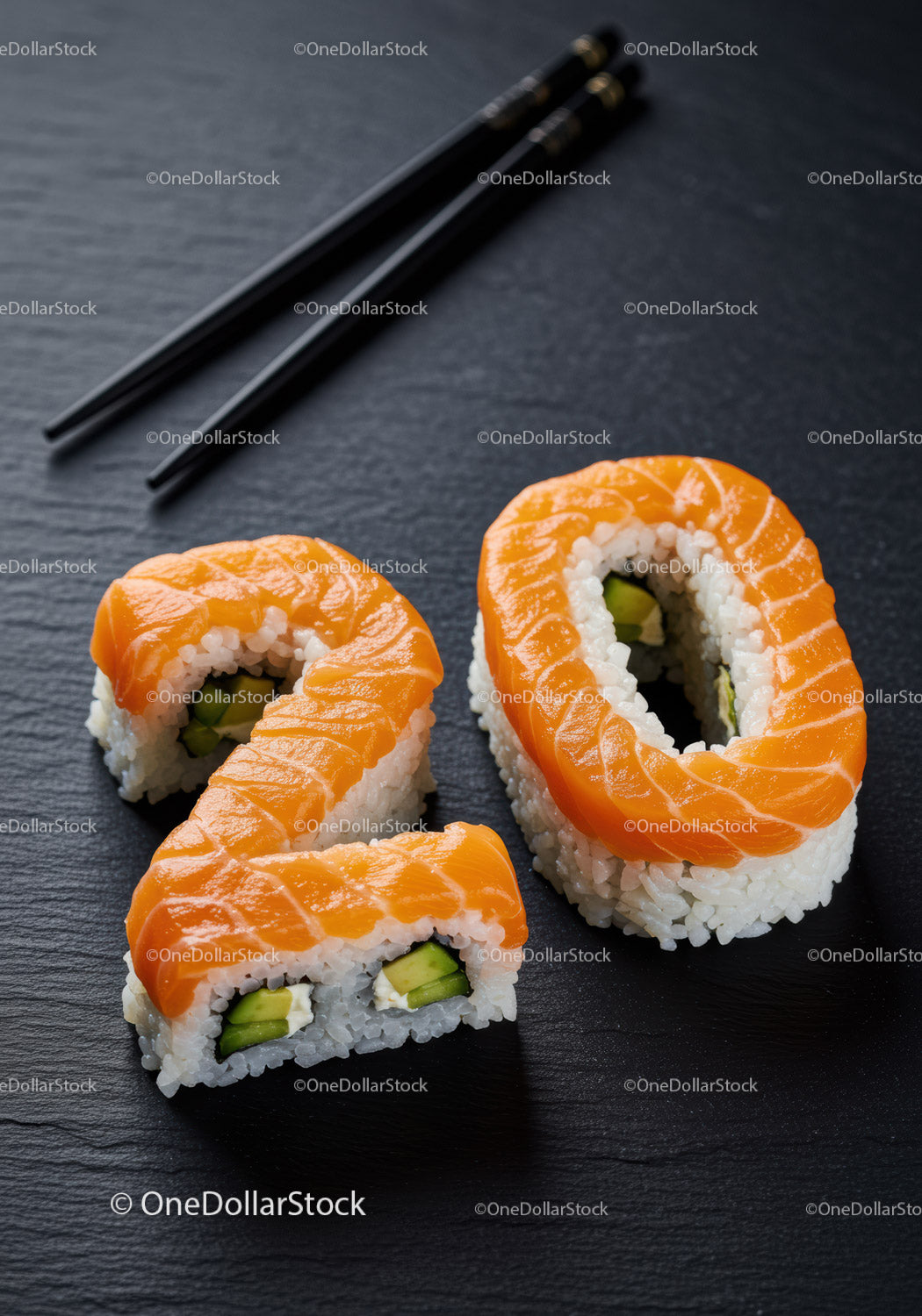 Sushi rolls shaped as number twenty with chopsticks