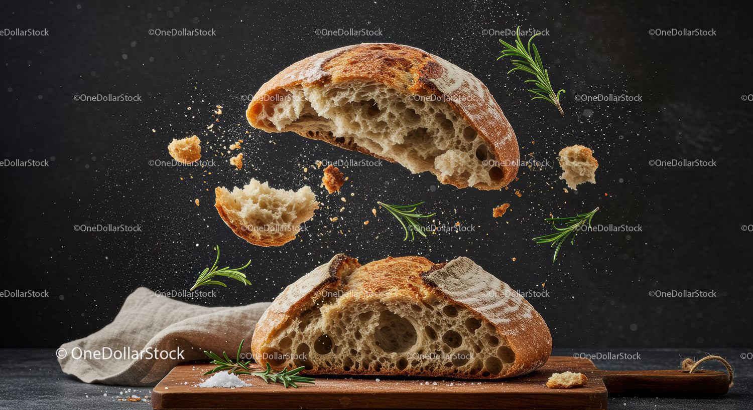Rustic sourdough bread torn with scattered rosemary leaves