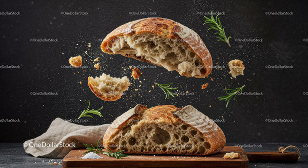 Rustic sourdough bread torn with scattered rosemary leaves