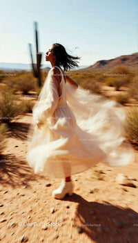 Carefree Woman in Flowing White Dress Dancing in Desert Landscape