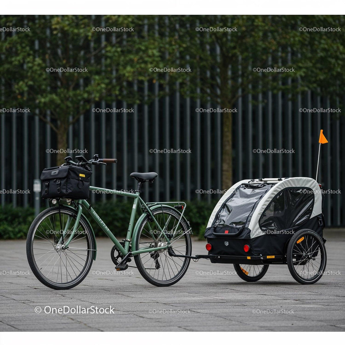 Urban bicycle with child trailer parked near trees