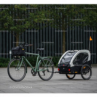 Urban bicycle with child trailer parked near trees