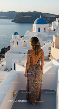 Woman enjoying view of Santorini blue domes at sunset