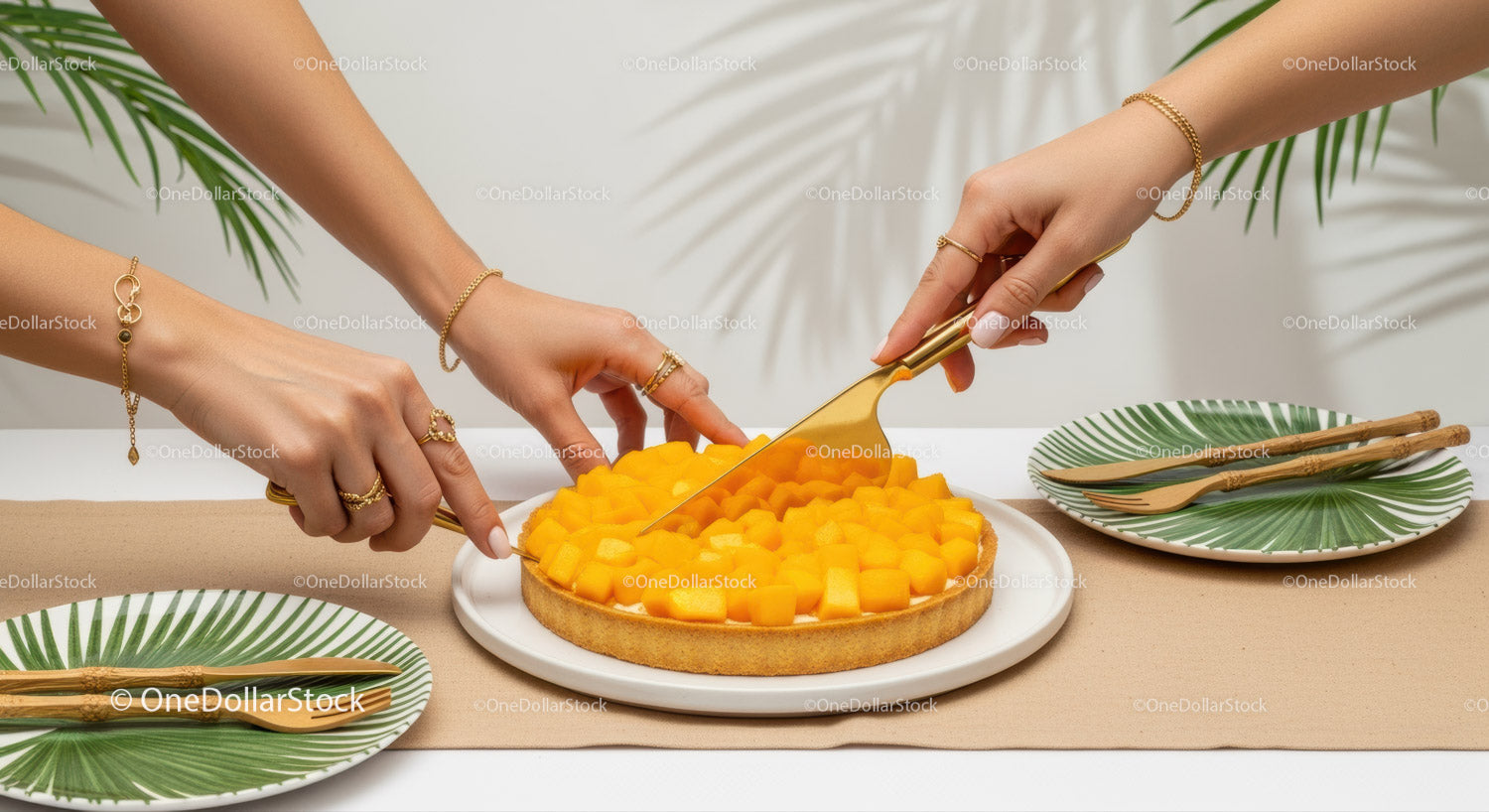 Women Cutting Mango Pie with Fresh Tropical Fruit in Bright Setting
