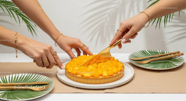 Kobiety Krojące Ciasto z Mango i Świeżymi Tropikalnymi Owocami w Jasnym Otoczeniu