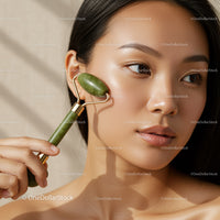 Young Woman Using Jade Roller for Facial Massage and Skin Rejuvenation