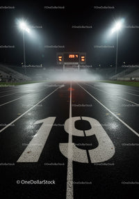 Night view of illuminated wet running track lane nineteen