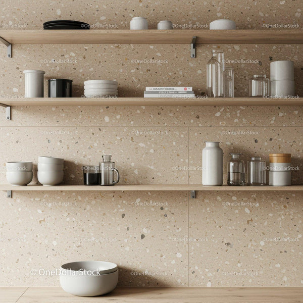 Nowoczesne Półki Kuchenne z Ceramiką i Szkłem na Beżowej Ścianie Terrazzo