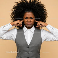 Frustrated Woman Covering Ears with Annoyed Expression