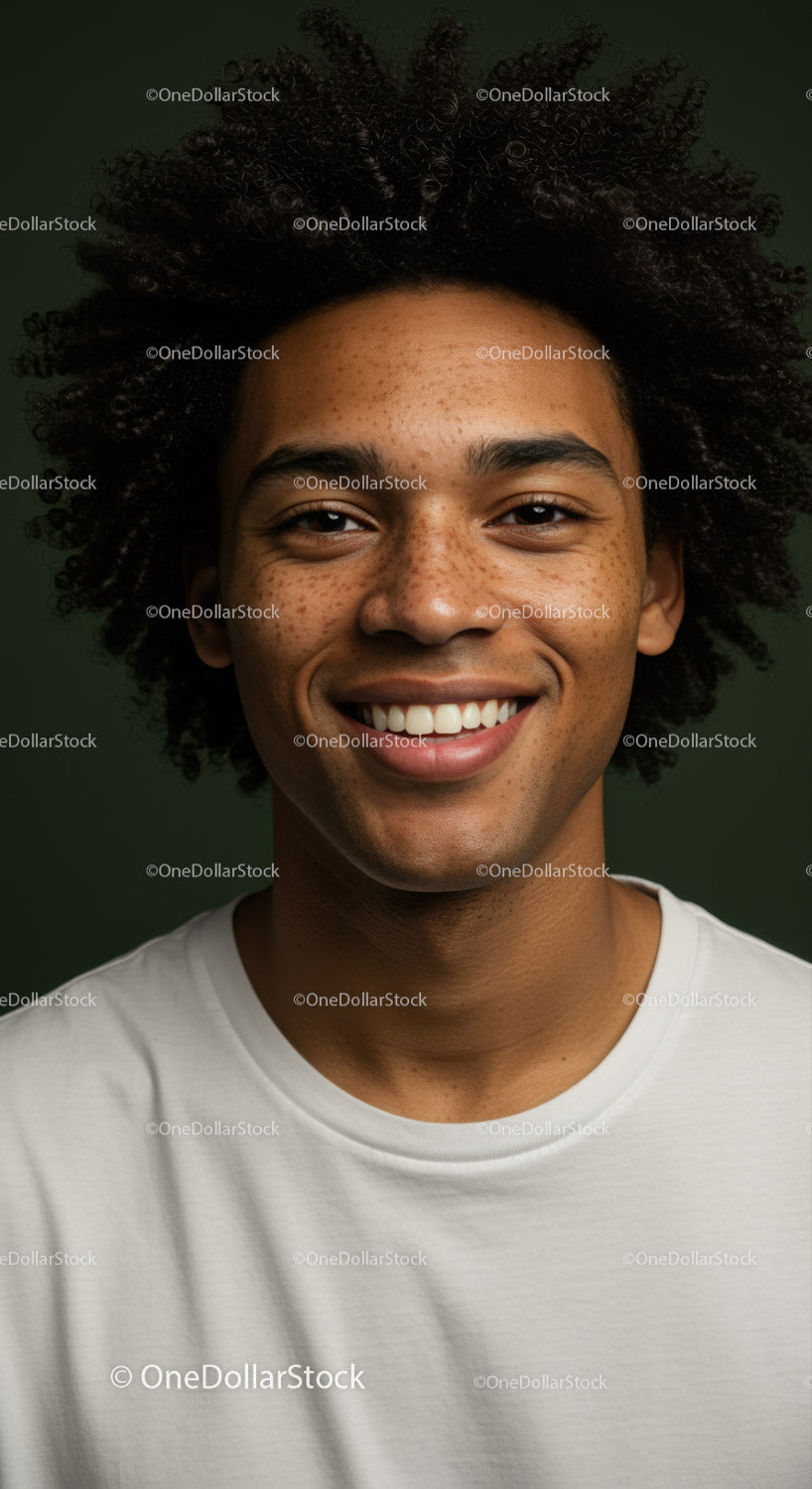 Portrait of a Joyful Young Man with Curly Hair and Bright Smile