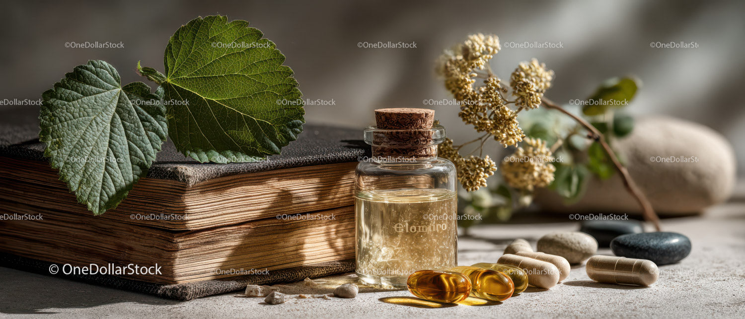 Butelki z ziołowymi lekami z naturalnymi suplementami i liśćmi botanicznymi