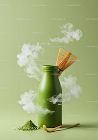 Green matcha tea set with whisk and powder