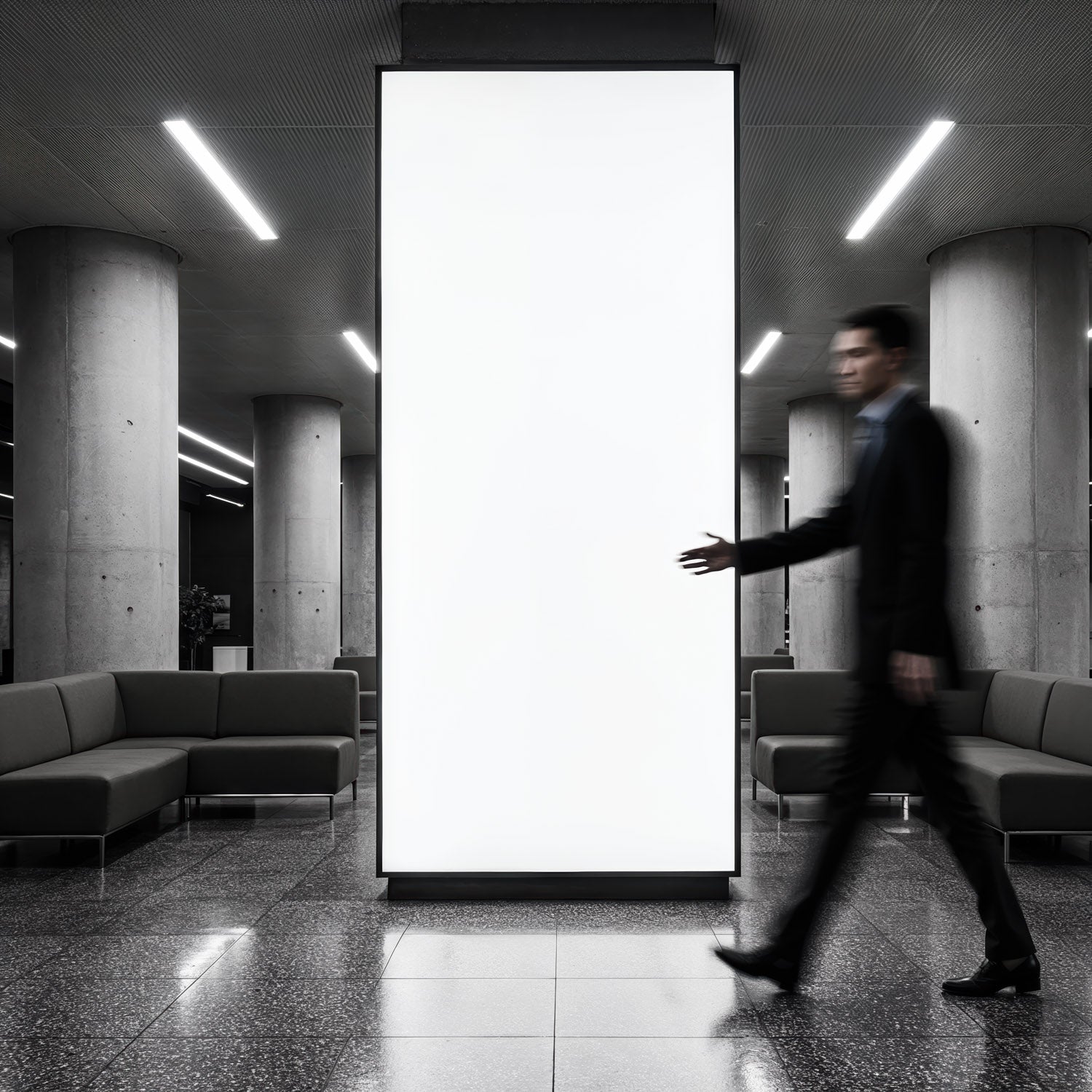 Blurred businessman walking past large blank urban billboard