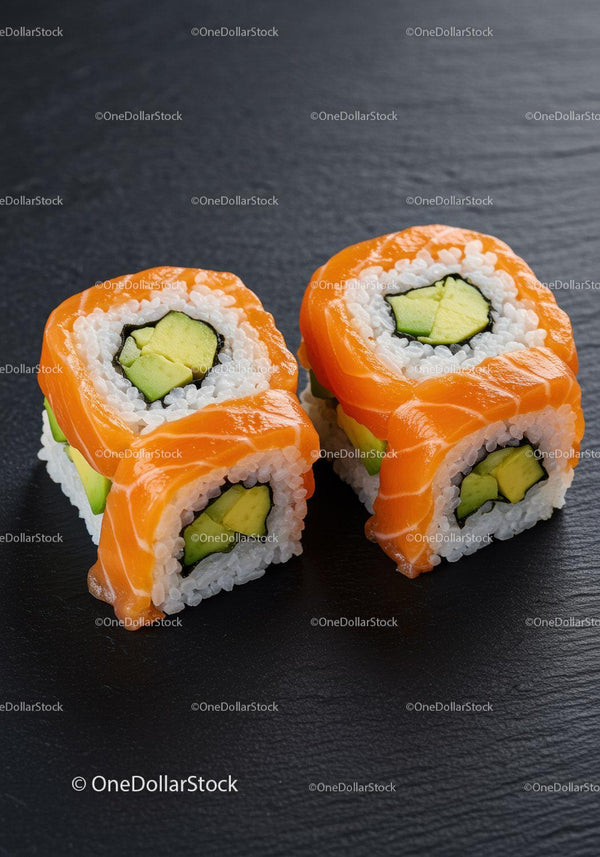 Świeże rolki sushi z łososiem i awokado na ciemnym łupku