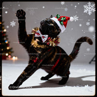 Festive cat playing in winter holiday setting