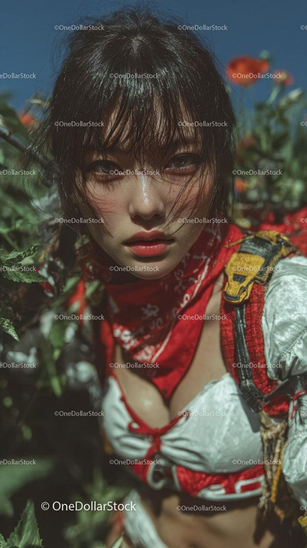 Young Woman with Red Bandana in a Garden of Wildflowers