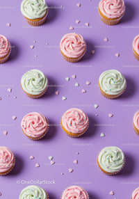 Colorful cupcakes with pastel frosting on purple background