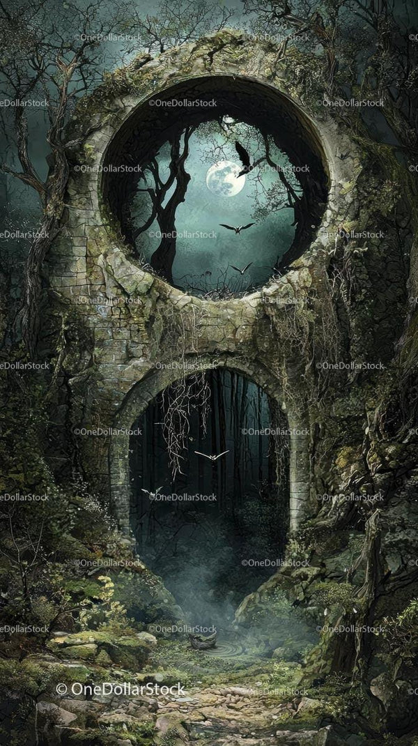 Ancient Stone Archway in Mystical Forest Under Moonlight