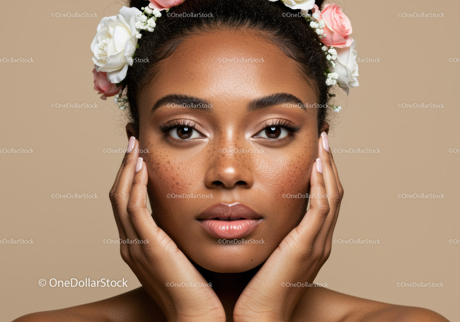 African Woman with Freckles and Flower Crown in Beauty Portrait